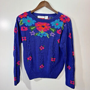 Women's Hand Knit Silk Blend Sweater Sz S P Purple Floral Cottagecore Grannycore